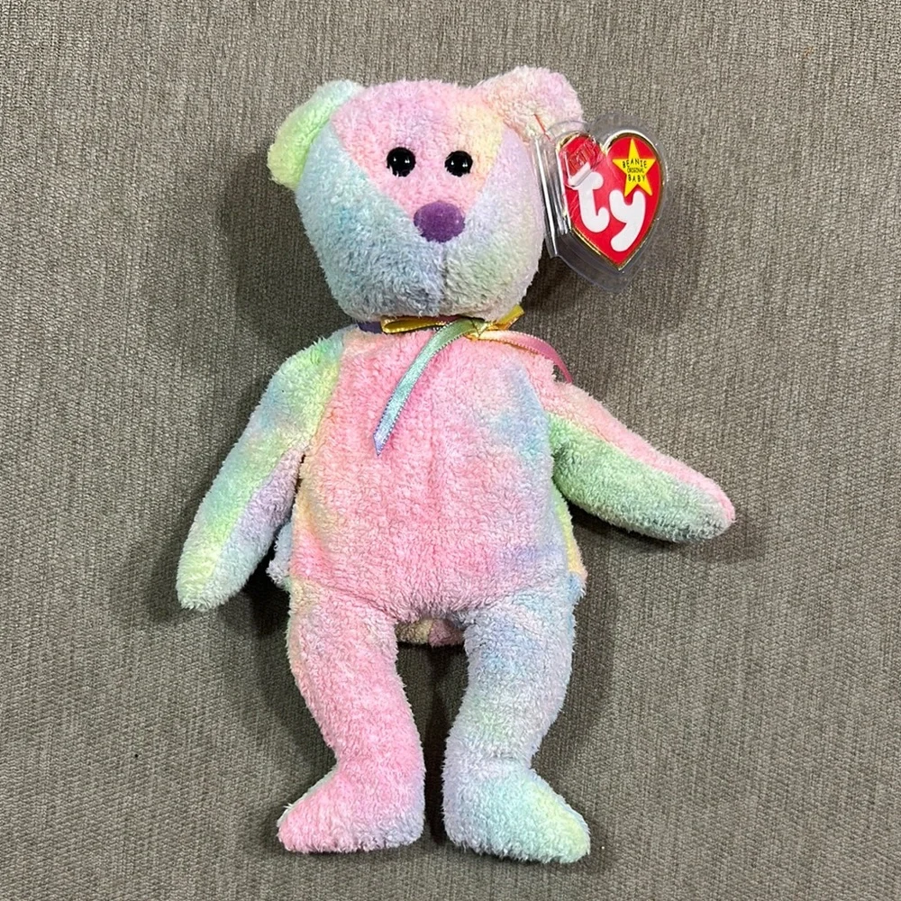 Ty Beanie Baby Groovy Pink and Green Stuffed Animal Bear
